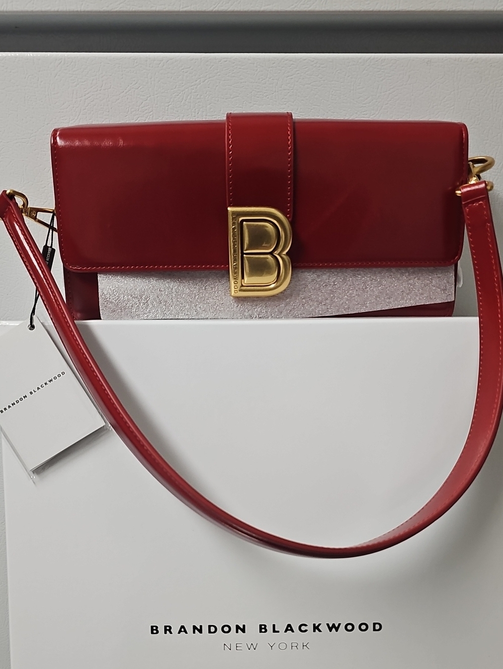 Brandon Blackwood Red Leather Shoulder Bag with Gold B Clasp